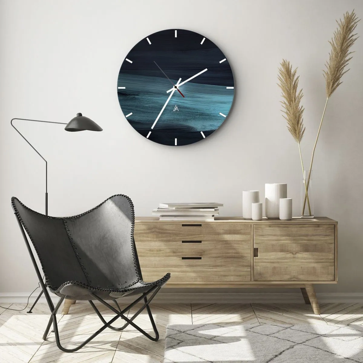 Zegar ścienny - Abstrakcyjne smugi w turkusie i granacie przypominające wodę - 30x30cm - Popłyń z nurtem - Nowoczesna dekoracja ścienna do salonu, kuchni i sypialni ARTTOR