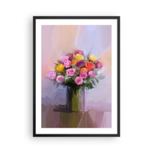 Plakat w czarnej ramie - Bukiet róż i kwiatów w szklanym wazonie - 50x70cm - Zatrzymane piękno - Nowoczesna dekoracja ścienna do salonu i sypialni ARTTOR
