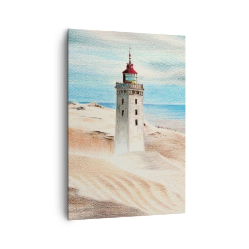 Obraz na płótnie - Latarnia morska w otoczeniu piaszczystych wydm i błękitnego nieba - 70x100cm - Zawsze wpatrzona w morze - Nowoczesna dekoracja ścienna do salonu i sypialni ARTTOR