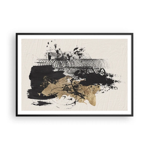 Plakat w czarnej ramie - Abstrakcyjny obraz w czerni i złocie z dynamicznymi liniami i strukturami - 100x70cm - Kompozycja z pasją - Nowoczesna dekoracja ścienna do salonu i sypialni ARTTOR