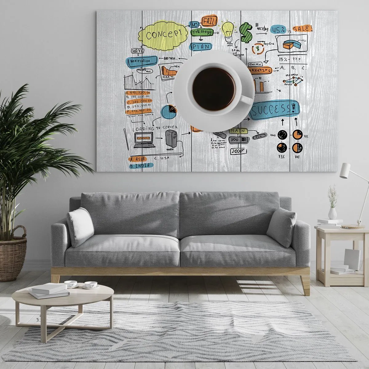 Obraz na szkle - Filiżanka kawy na tle schematów i rysunków koncepcyjnych - 70x50cm - Czas na przerwę - Nowoczesna dekoracja ścienna do salonu i sypialni ARTTOR
