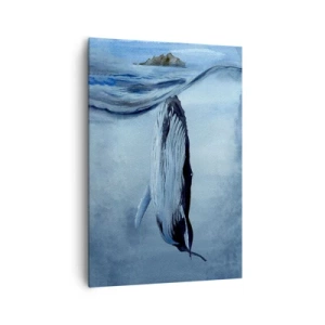 Obraz na płótnie - Wieloryb wynurzający się spod tafli wody, akwarela - 70x100cm - Dwa światy północy - Nowoczesna dekoracja ścienna do salonu i sypialni ARTTOR