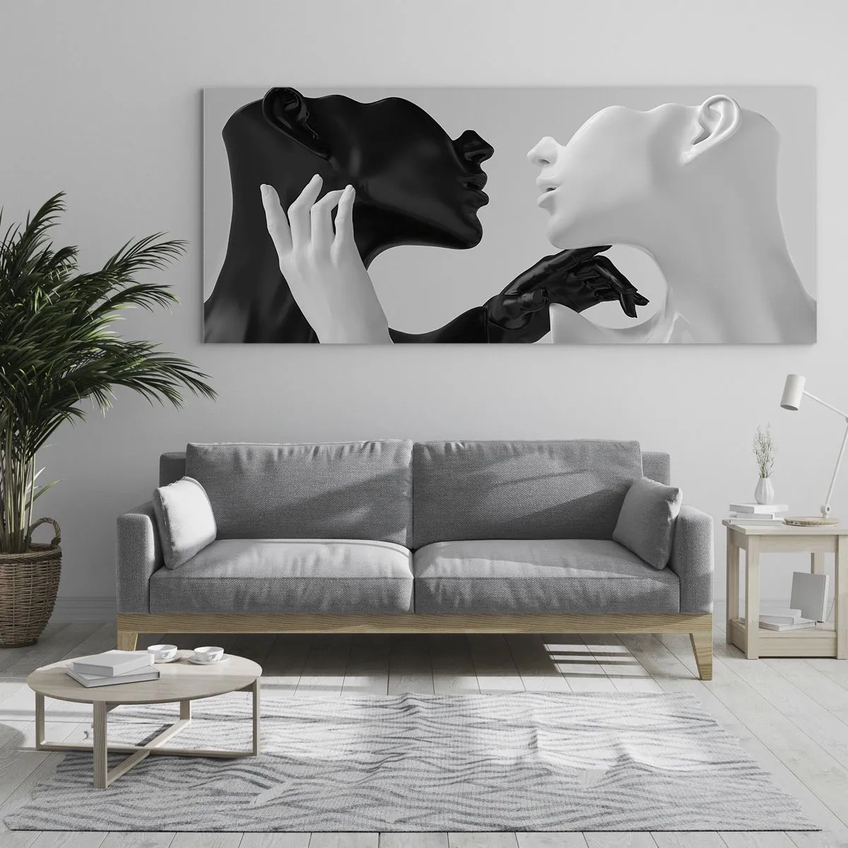 Obraz na szkle - Czarno-białe sylwetki w dynamicznym zbliżeniu - 120x50cm - Przyciąganie – pożądanie - Nowoczesna dekoracja ścienna do salonu i sypialni ARTTOR