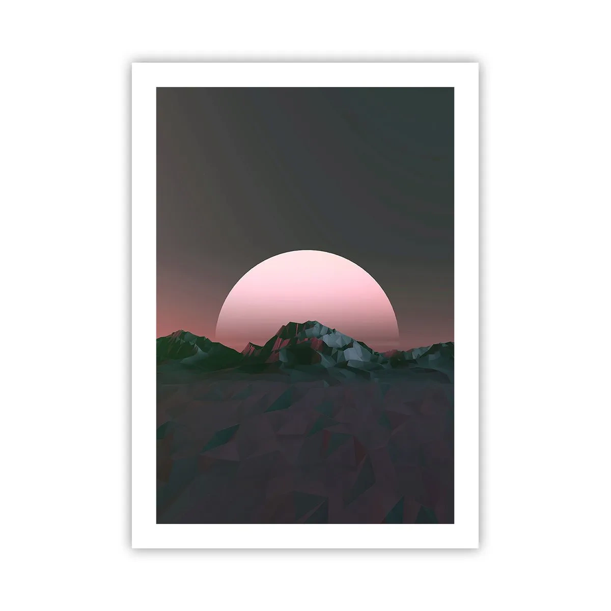Plakat - Fantazyjny krajobraz z różowym księżycem i górami - 50x70cm - W sąsiedniej galaktyce - Nowoczesna dekoracja ścienna do salonu, kuchni i sypialni ARTTOR