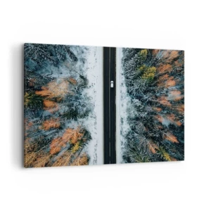 Obraz na płótnie - Droga przez zimowy las widziana z lotu ptaka - 120x80cm - Przeciąć zimowy las - Nowoczesna dekoracja ścienna do salonu, kuchni i sypialni ARTTOR