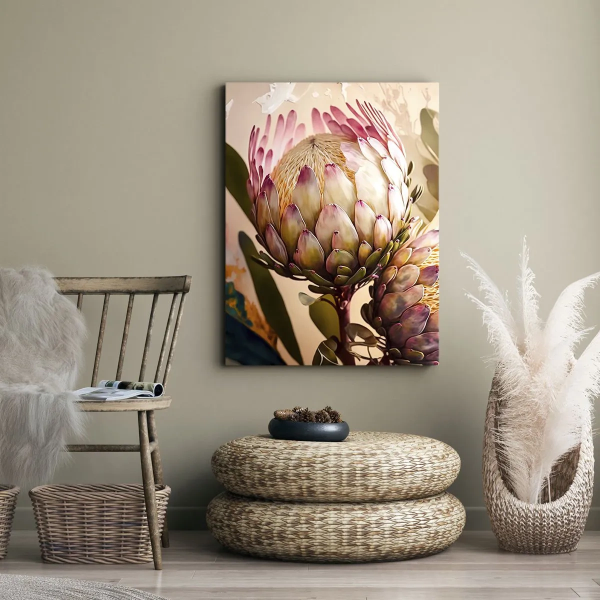 Obraz na płótnie - Protea w pastelowych odcieniach - 50x70cm - Czule objęte - Nowoczesna dekoracja ścienna do salonu, kuchni i sypialni ARTTOR