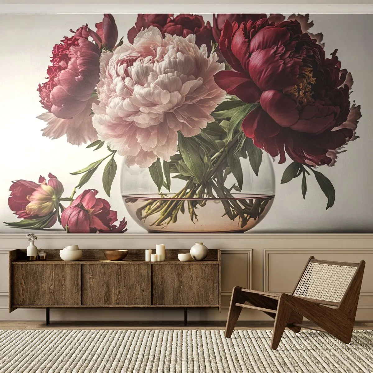 Fototapeta Premium Sand - Bukiet piwonii w szklanym wazonie na jasnym tle - 100x70cm - W pełnym rozkwicie urody - Nowoczesna dekoracja ścienna do salonu, kuchni i sypialni ARTTOR