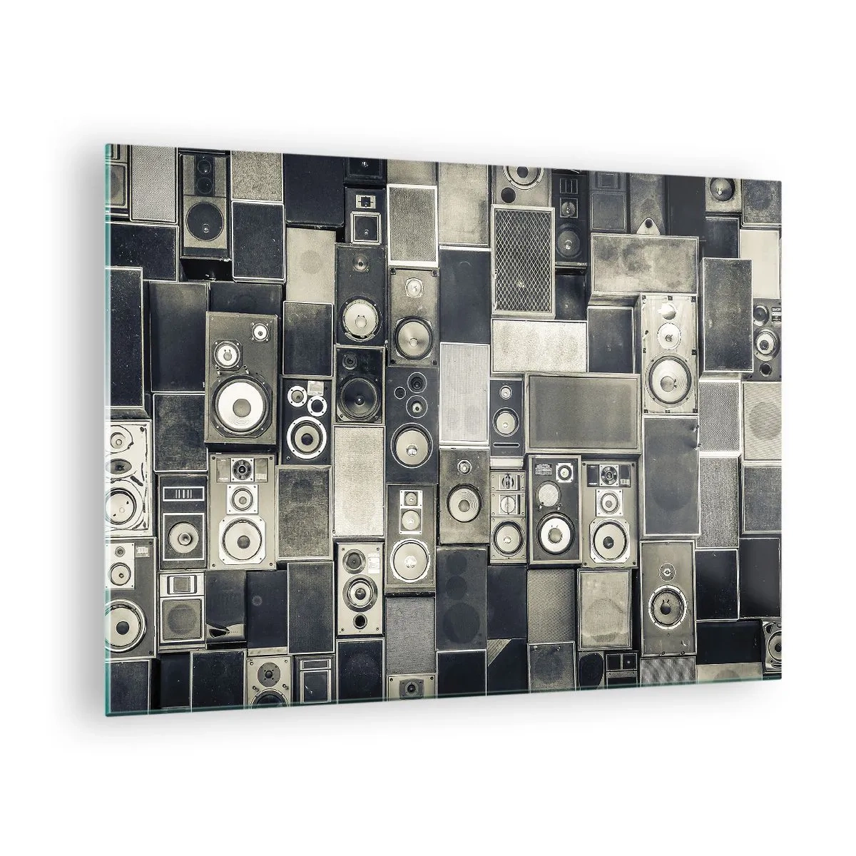Obraz na szkle - Kompozycja retro głośników w odcieniach szarości - 70x50cm - I wszystko gra - Nowoczesna dekoracja ścienna do salonu i sypialni ARTTOR