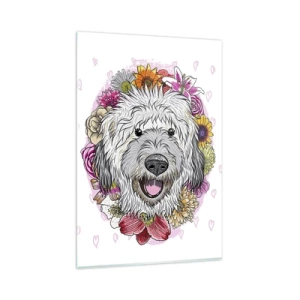 Obraz na szkle - Pies w otoczeniu kolorowych kwiatów - 80x120cm - Szczenięca radość - Nowoczesna dekoracja ścienna do salonu i sypialni ARTTOR