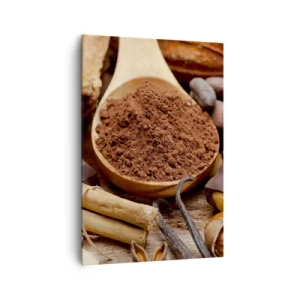 Obraz na płótnie - Łyżka kakao i składniki czekoladowe w rustykalnej aranżacji - 70x100cm - Najlepsza na smutki - Nowoczesna dekoracja ścienna do salonu i sypialni ARTTOR