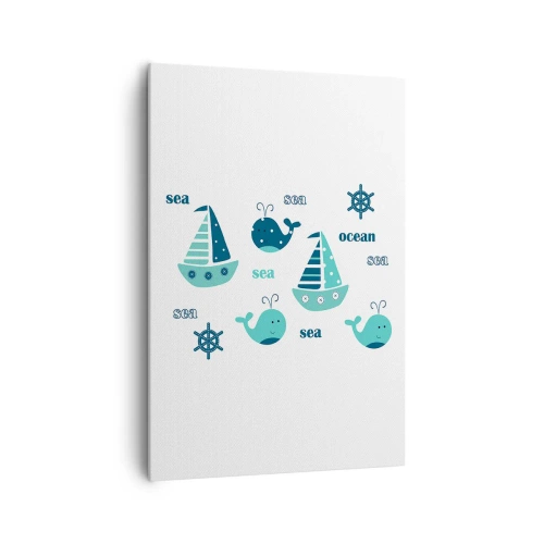 Obraz na płótnie - Urocze motywy morskie z wielorybami i żaglówkami - 70x100cm - Przez morza i oceany - Nowoczesna dekoracja ścienna do salonu i sypialni ARTTOR