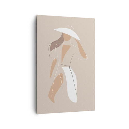 Obraz na płótnie - Minimalistyczny rysunek kobiety w kapeluszu na beżowym tle - 80x120cm - Moda to zabawa - Nowoczesna dekoracja ścienna do salonu i sypialni ARTTOR