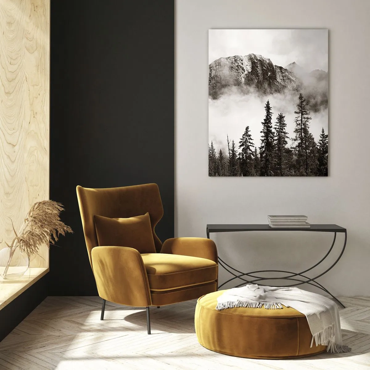 Obraz na szkle - Górski krajobraz z lasem i mgłą w odcieniach sepii - 50x70cm - Granitowy władca - Nowoczesna dekoracja ścienna do salonu, kuchni i sypialni ARTTOR