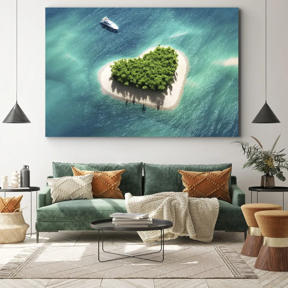 Obraz na płótnie - Romantyczna wyspa w kształcie serca na turkusowym morzu - 70x50cm - Kocham lato - Nowoczesna dekoracja ścienna do salonu i sypialni ARTTOR