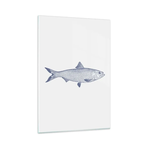 Obraz na szkle - Ilustracja ryby w odcieniach niebieskiego na jasnym tle - 80x120cm - Pozdrowienia z północnych mórz - Nowoczesna dekoracja ścienna do salonu i sypialni ARTTOR