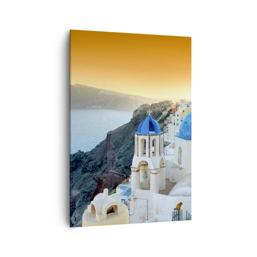 Obraz na płótnie - Widok na Santorini z białymi budynkami i błękitnym morzem - 70x100cm - Santorini - przytulone do skał - Nowoczesna dekoracja ścienna do salonu i sypialni ARTTOR