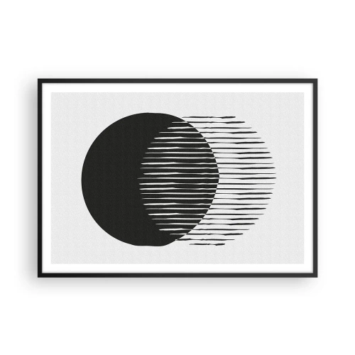 Plakat w czarnej ramie - Dwa nakładające się koła z liniami w czerni i bieli - 100x70cm - Jego alter ego - Nowoczesna dekoracja ścienna do salonu i sypialni ARTTOR