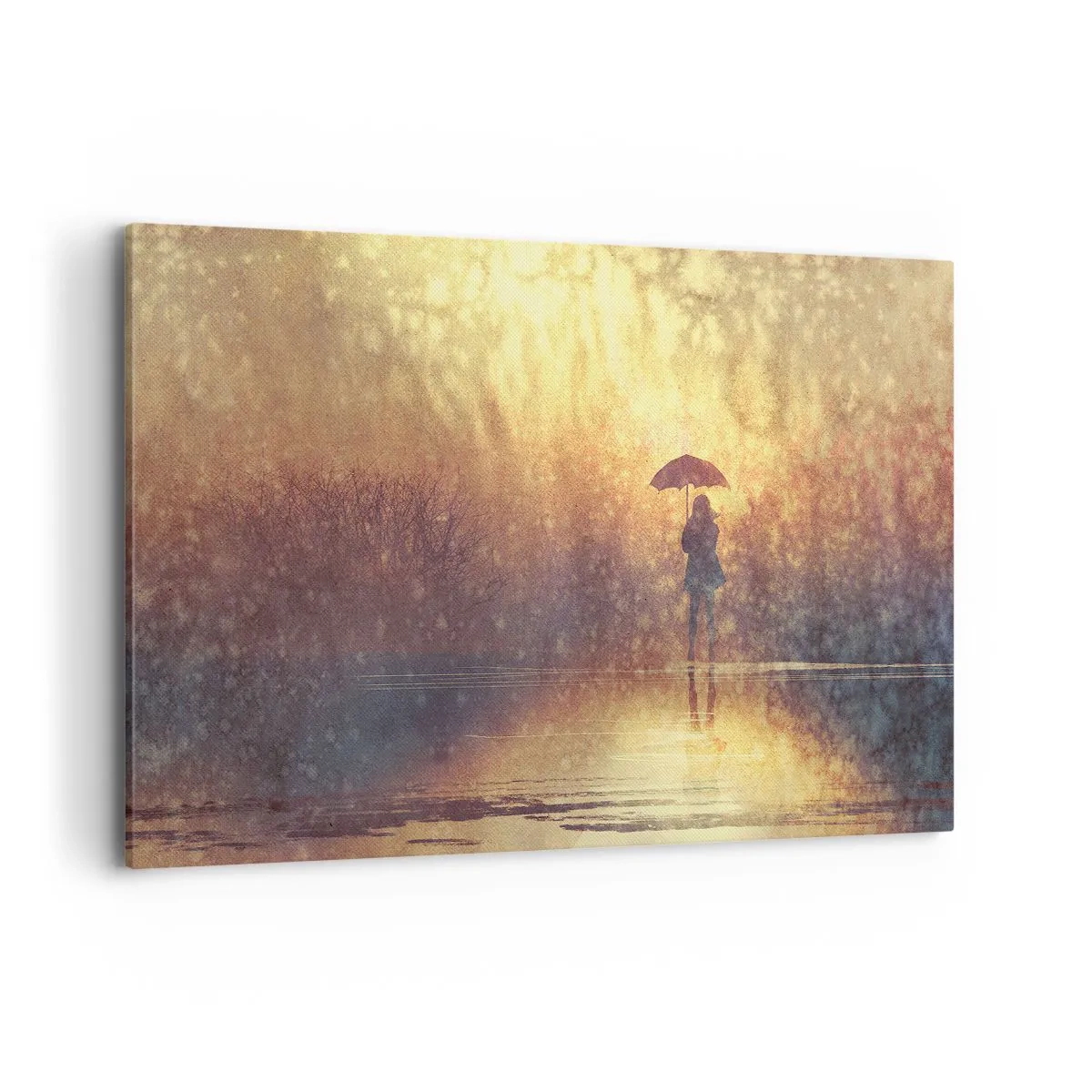 Obraz na płótnie - Postać z parasolem w mglistym krajobrazie pełnym refleksji - 120x80cm - Czuję, że ktoś na mnie patrzy - Nowoczesna dekoracja ścienna do salonu, kuchni i sypialni ARTTOR
