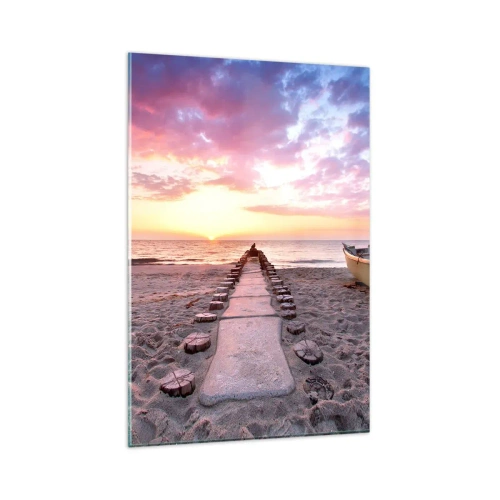 Obraz na szkle - Plaża o wschodzie słońca z łodzią i pomostem - 80x120cm - Chwila głębokiego przeżycia - Nowoczesna dekoracja ścienna do salonu i sypialni ARTTOR