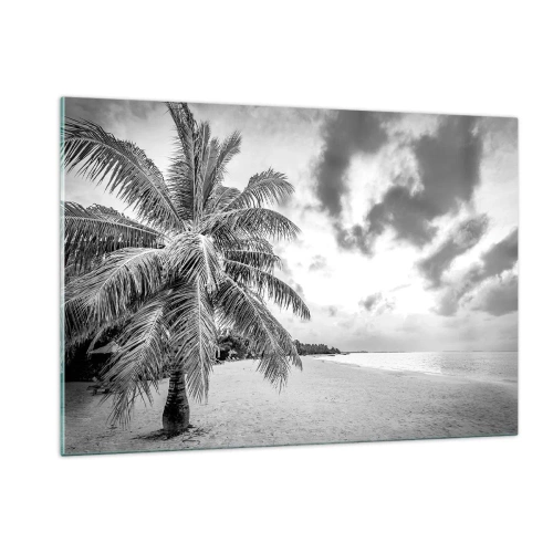 Obraz na szkle - Czarno-biała palma na pustej plaży o zachmurzonym niebie - 120x80cm - Gdy tęsknisz do samotności… - Nowoczesna dekoracja ścienna do salonu, kuchni i sypialni ARTTOR