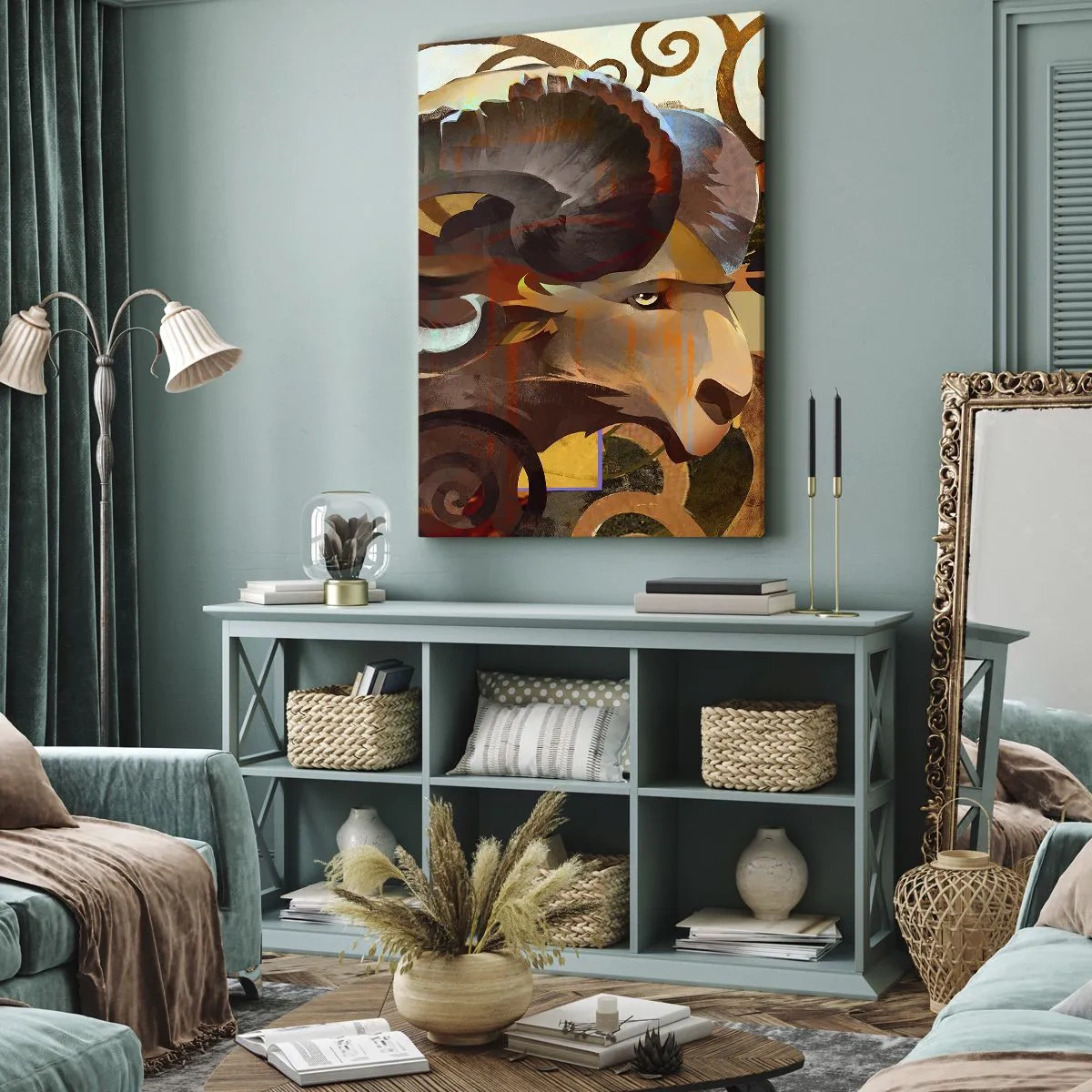 Obraz na płótnie - Symboliczny baran w abstrakcyjnej kompozycji - 70x100cm - Magie - religie - rytuały - Nowoczesna dekoracja ścienna do salonu i sypialni ARTTOR