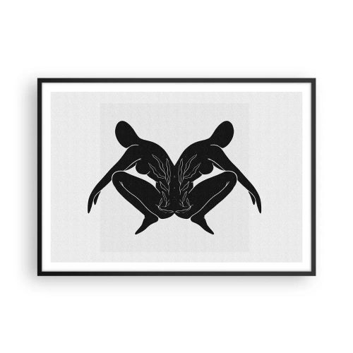 Plakat w czarnej ramie - Czarne sylwetki w symetrycznej pozycji na białym tle - 100x70cm - Wspólna dusza - Nowoczesna dekoracja ścienna do salonu i sypialni ARTTOR