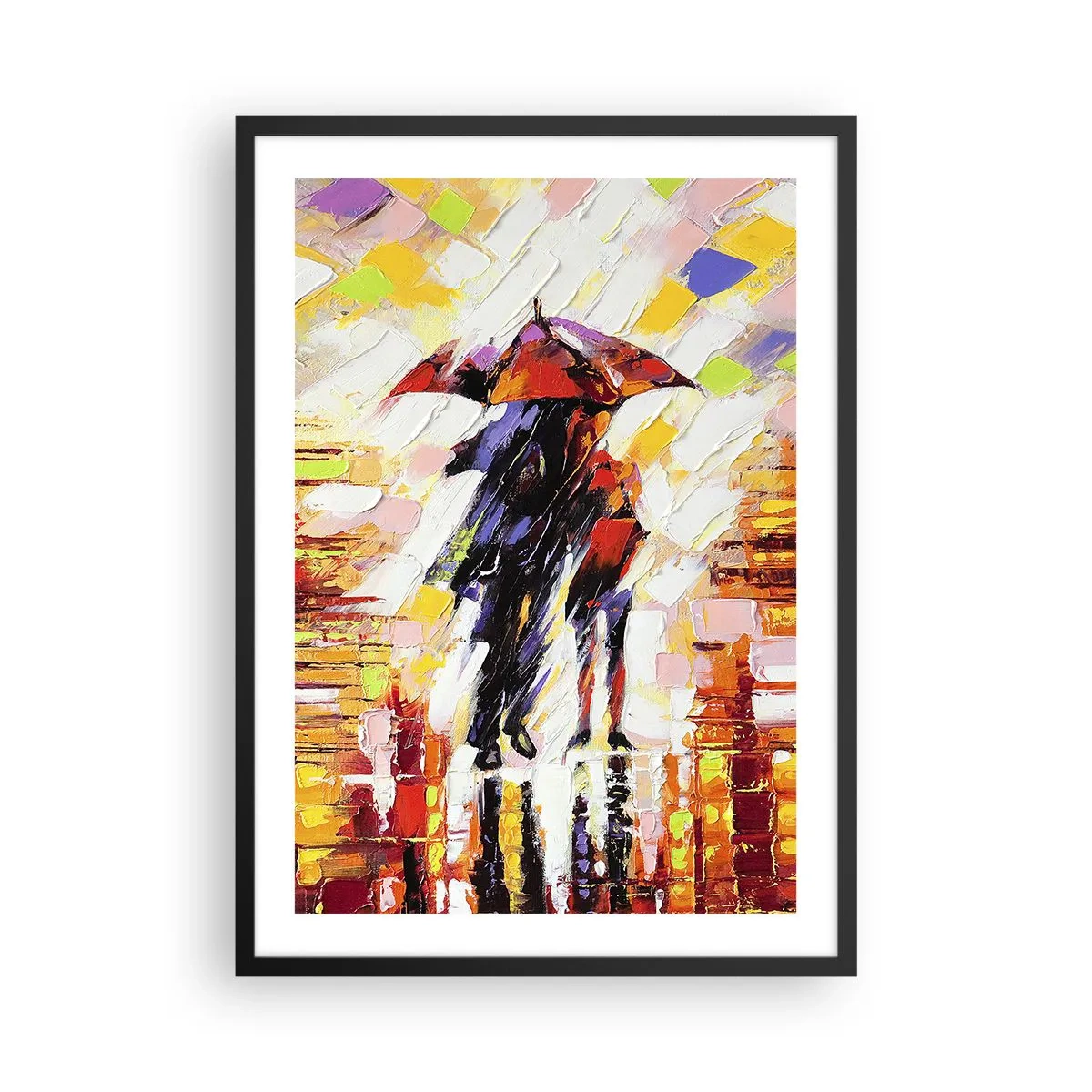 Plakat w czarnej ramie - Para pod parasolem w kolorowej abstrakcji - 50x70cm - Razem przez noc i deszcz - Nowoczesna dekoracja ścienna do salonu i sypialni ARTTOR