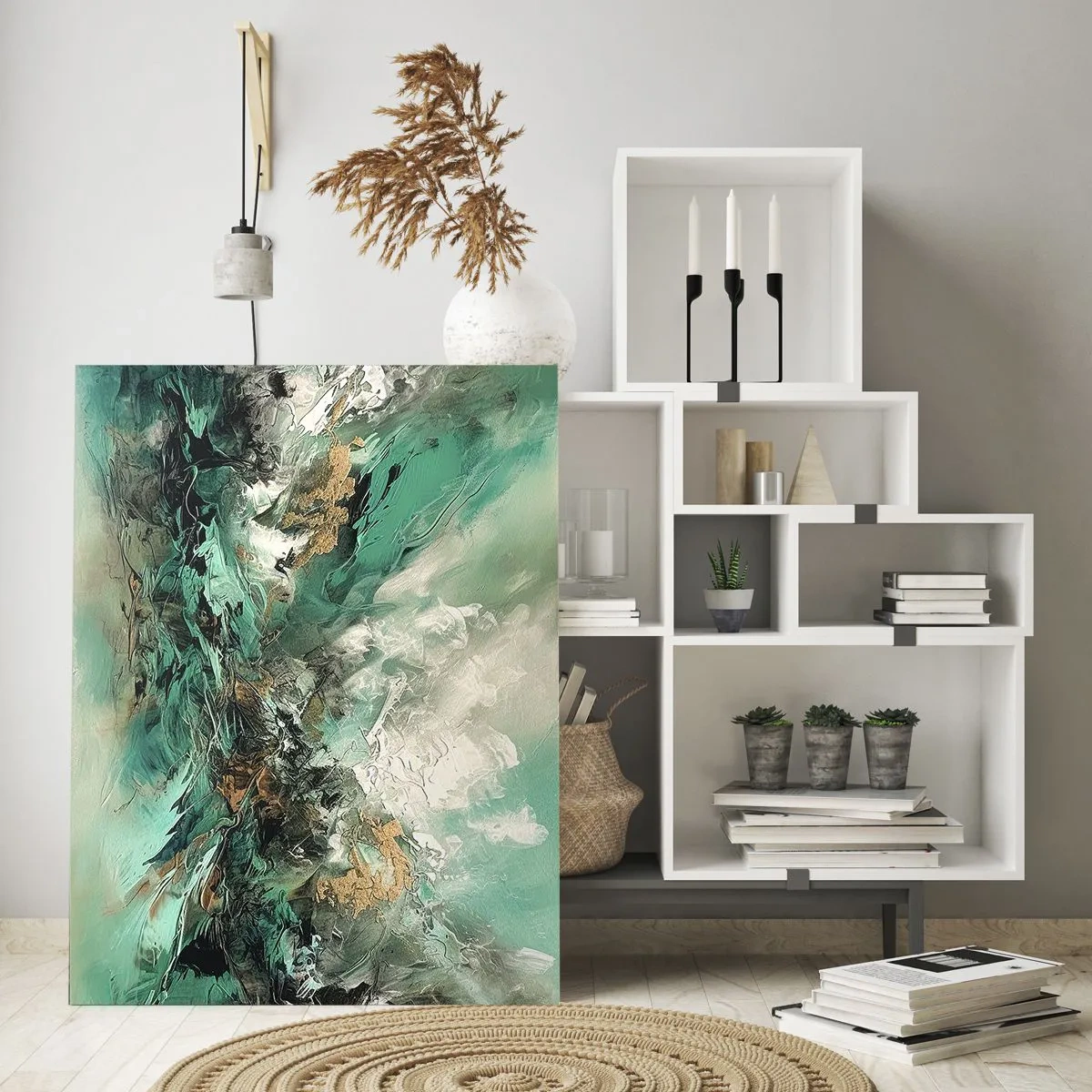 Obraz na szkle - Abstrakcyjny pejzaż w odcieniach zieleni i złota - 80x120cm - Szmaragdowo-czarna kipiel - Nowoczesna dekoracja ścienna do salonu i sypialni ARTTOR