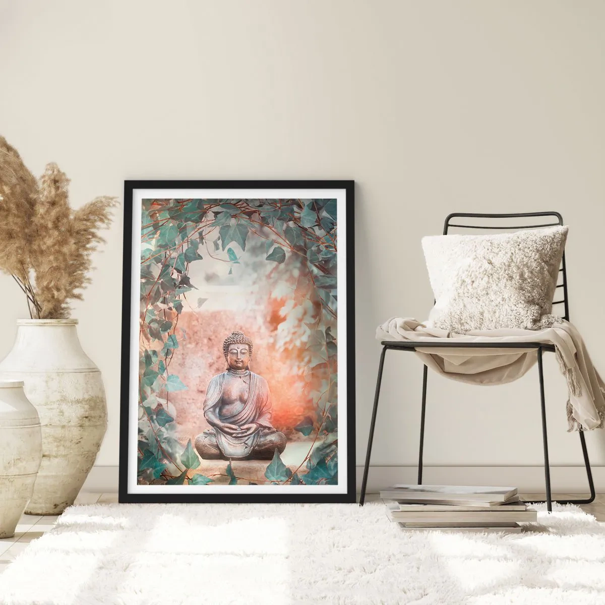 Plakat w czarnej ramie - Posąg Buddy otoczony bluszczem w medytacyjnej aurze - 50x70cm - Radosna harmonia - Nowoczesna dekoracja ścienna do salonu i sypialni ARTTOR