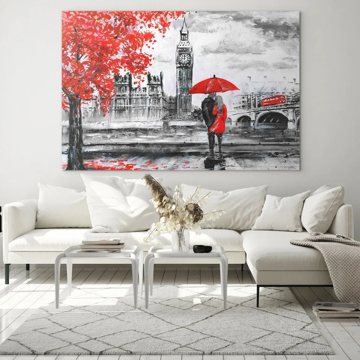 Obraz na szkle - Para pod czerwoną parasolką na tle Big Bena i jesiennych drzew - 120x80cm - Zakochani w Londynie - Nowoczesna dekoracja ścienna do salonu, kuchni i sypialni ARTTOR