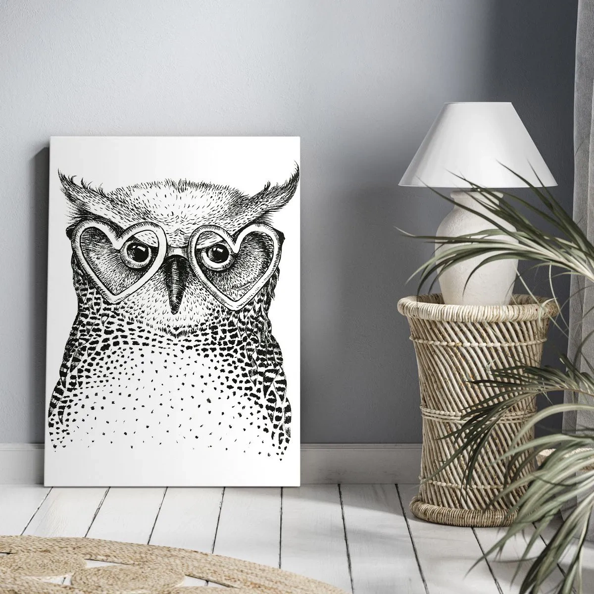 Obraz na płótnie - Stylowa grafika sowy w okularach w kształcie serc - 80x120cm - Mądrze i z miłością - Nowoczesna dekoracja ścienna do salonu i sypialni ARTTOR