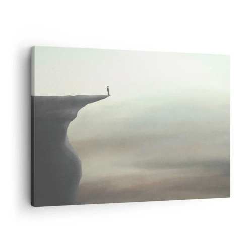 Obraz na płótnie - Sylwetka postaci na krawędzi urwiska w mglistym krajobrazie - 70x50cm - Do góry, oczywiście! - Nowoczesna dekoracja ścienna do salonu i sypialni ARTTOR