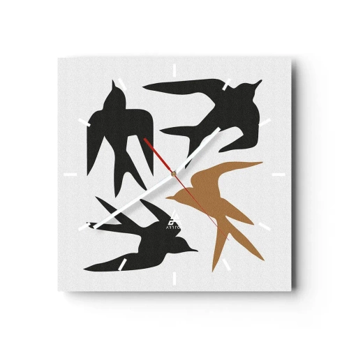 Zegar ścienny - Sylwetki jaskółek w czerni i złocie - 30x30cm - Jaskółcze zabawy - Nowoczesna dekoracja ścienna do salonu i sypialni ARTTOR