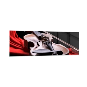 Obraz na szkle - Skrzypce na czerwonym materiale z czarnym tłem - 160x50cm - Muzyka uczuć - Nowoczesna dekoracja ścienna do salonu i sypialni ARTTOR