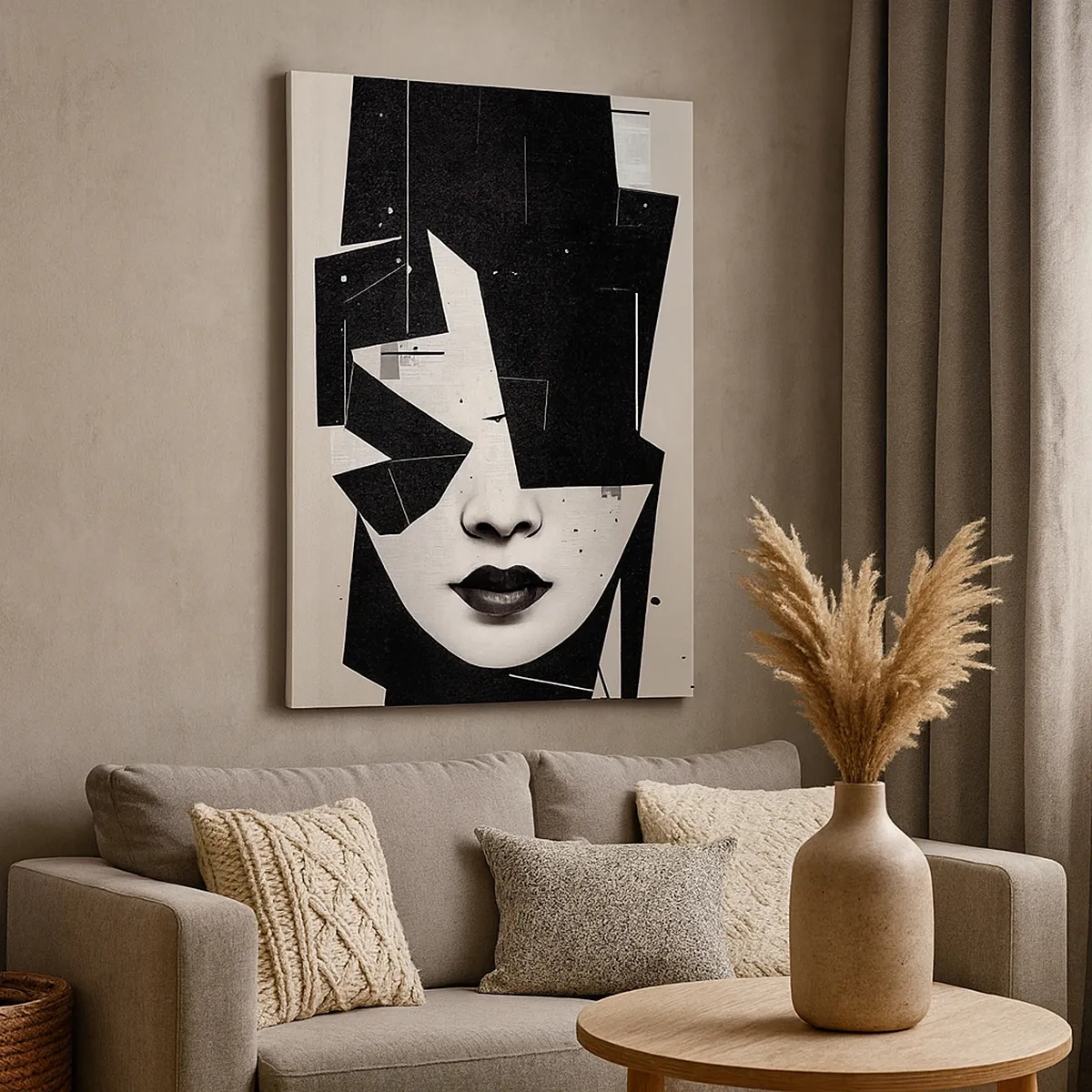 Obraz na płótnie - Abstrakcyjna kompozycja twarzy kobiety w czerni i bieli - 50x70cm - Głęboko ukryte - Nowoczesna dekoracja ścienna do salonu, kuchni i sypialni ARTTOR