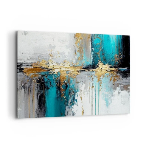 Obraz na płótnie - Abstrakcyjna kompozycja z turkusem i złotymi akcentami - 120x80cm - Wszystko płynie - Nowoczesna dekoracja ścienna do salonu, kuchni i sypialni ARTTOR