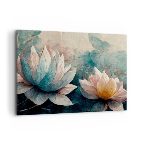 Obraz na płótnie - Subtelne lilie wodne w pastelowych odcieniach błękitu i złota - 120x80cm - Gwiazdy jeziora - Nowoczesna dekoracja ścienna do salonu, kuchni i sypialni ARTTOR