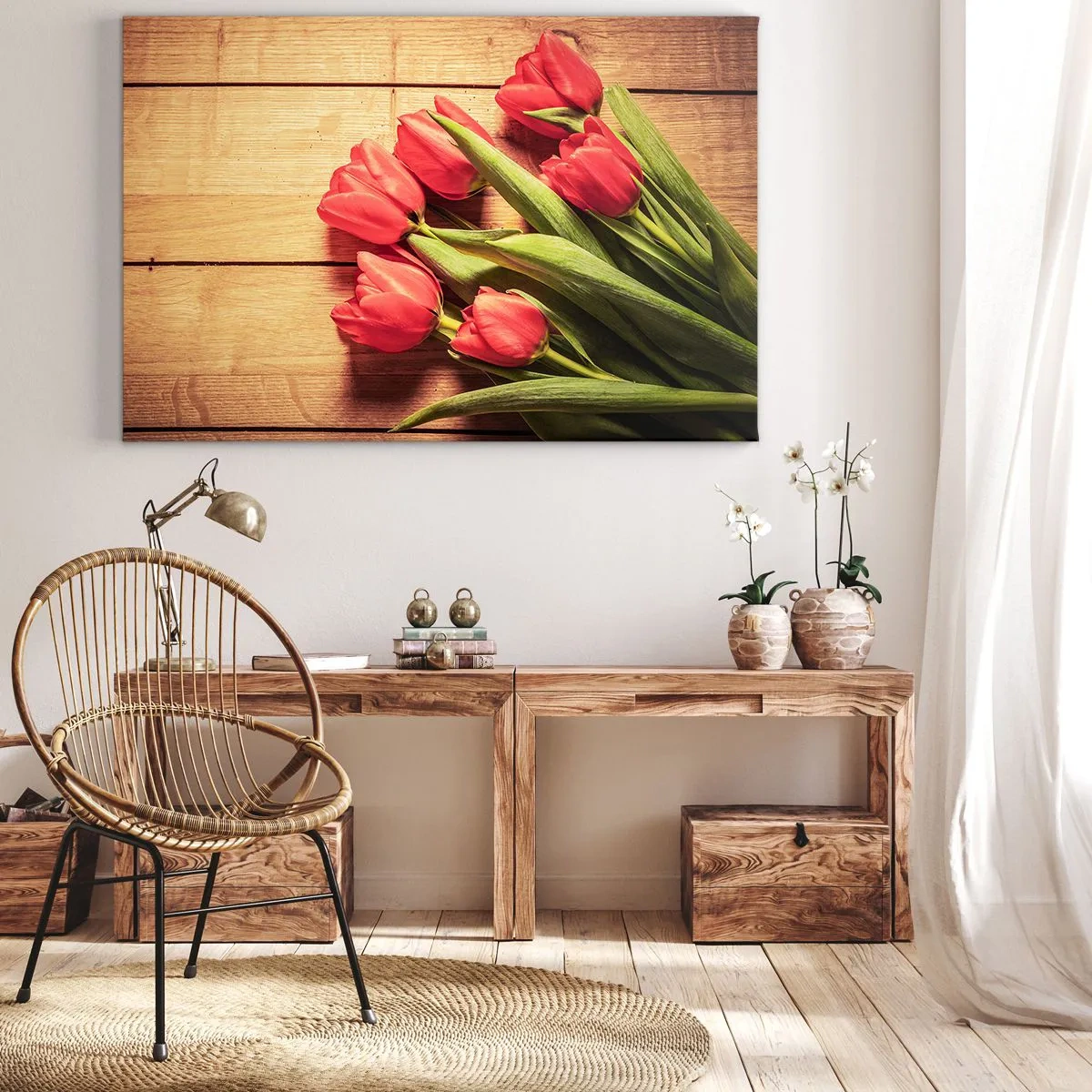 Obraz na płótnie - Bukiet różowych tulipanów na drewnianym tle - 100x70cm - Wiosenne wyznanie - Nowoczesna dekoracja ścienna do salonu, kuchni i sypialni ARTTOR
