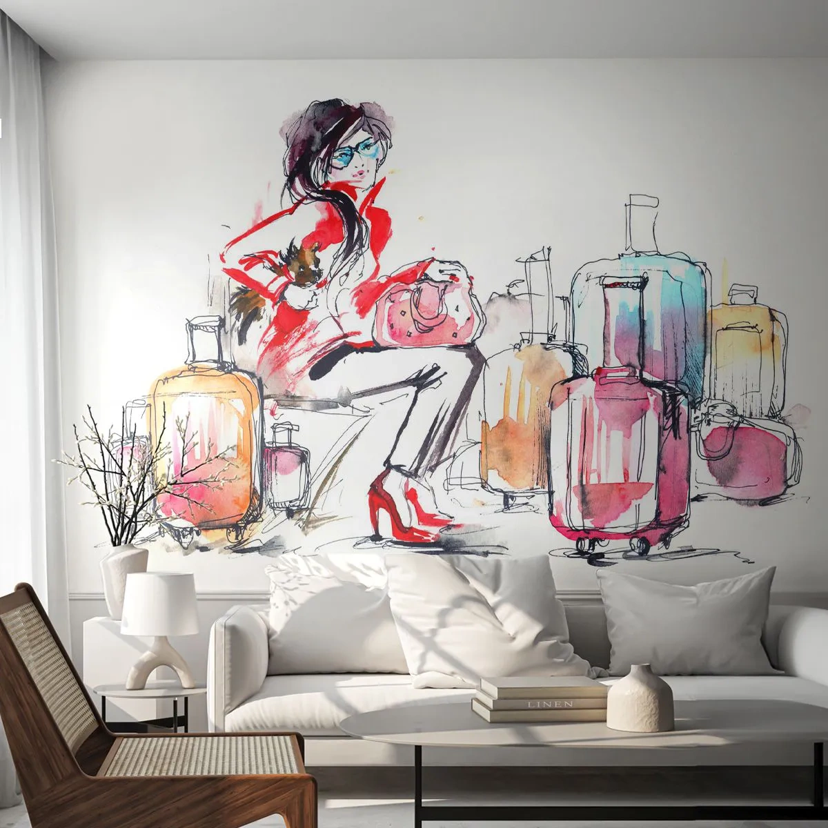 Fototapeta Premium Canvas - Kobieta z walizkami w dynamicznej akwarelowej ilustracji - 100x70cm - Siądźmy przed podróżą - Nowoczesna dekoracja ścienna do salonu i sypialni ARTTOR