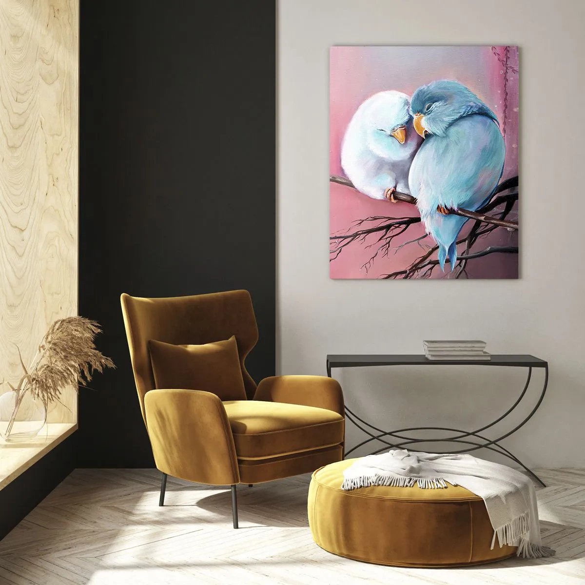 Obraz na szkle - Dwie zakochane papużki siedzące na gałęzi na tle różu - 50x70cm - Cóż tu dodać?… - Nowoczesna dekoracja ścienna do salonu, kuchni i sypialni ARTTOR