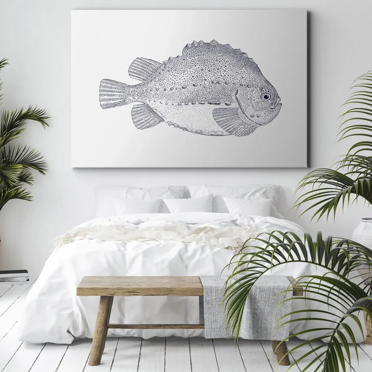 Obraz na płótnie - Czarno-biały rysunek ryby na białym tle w stylu minimalistycznym - 70x50cm - Do albumu przyrodnika - Nowoczesna dekoracja ścienna do salonu i sypialni ARTTOR