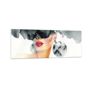 Obraz na szkle - Kobieta w stylowych okularach i dużych kolczykach - 140x50cm - Tajemnica elegancji - Nowoczesna dekoracja ścienna do salonu i sypialni ARTTOR