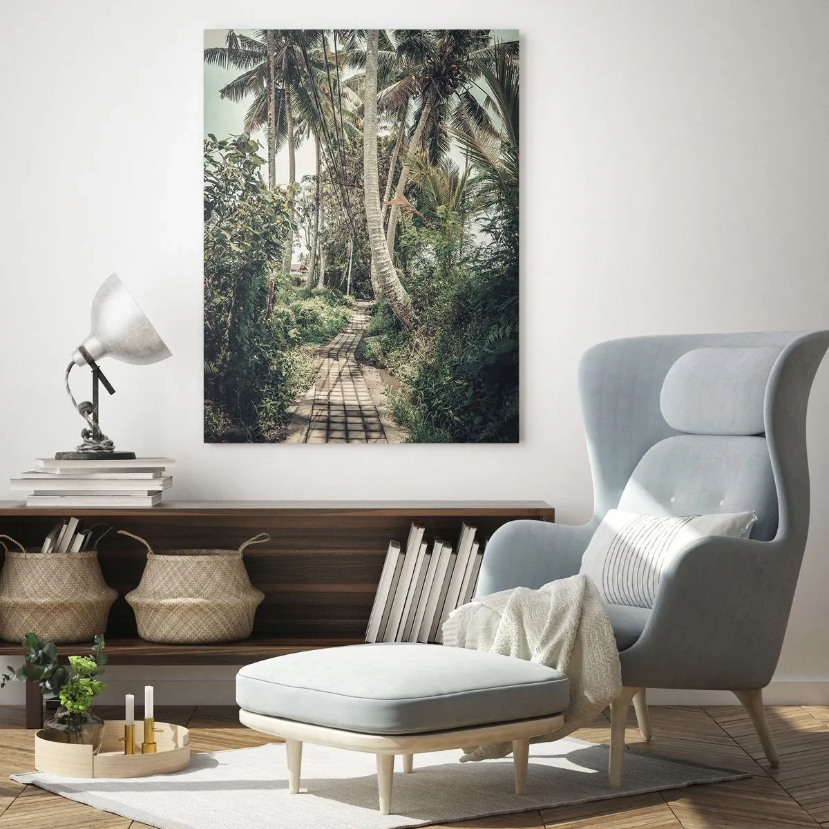 Obraz na szkle - Ścieżka w tropikalnym lesie otoczona palmami - 70x100cm - Palmowa aleja - Nowoczesna dekoracja ścienna do salonu i sypialni ARTTOR