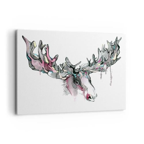 Obraz na płótnie - Artystyczna akwarela łosia z bogatymi porożami - 120x80cm - Korona króla lasu - Nowoczesna dekoracja ścienna do salonu, kuchni i sypialni ARTTOR