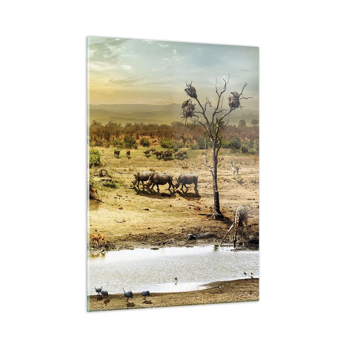 Obraz na szkle - Słonie i zwierzęta przy wodopoju na tle afrykańskiego krajobrazu - 50x70cm - "Z Edenu zaś wypływała rzeka…" - Nowoczesna dekoracja ścienna do salonu, kuchni i sypialni ARTTOR