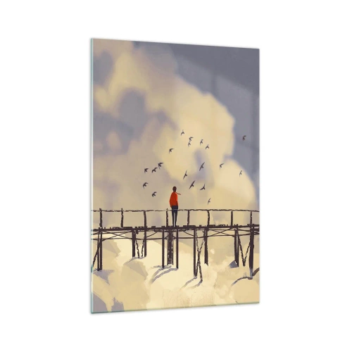 Obraz na szkle - Postać na moście wśród chmur z ptakami na tle nieba - 70x100cm - Niebieska tęsknota - Nowoczesna dekoracja ścienna do salonu i sypialni ARTTOR