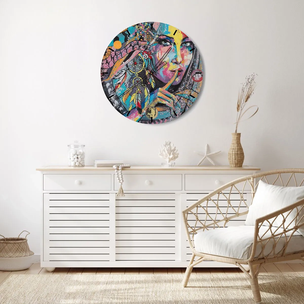 Zegar ścienny - Kolorowa twarz z piórami i geometrycznym wzorem - 30x30cm - Milcz, aż zrozumiesz - Nowoczesna dekoracja ścienna do salonu, kuchni i sypialni ARTTOR