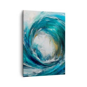 Obraz na płótnie - Dynamiczna fala oceaniczna tworząca wir w odcieniach błękitu i złota - 50x70cm - Morski portal - Nowoczesna dekoracja ścienna do salonu, kuchni i sypialni ARTTOR