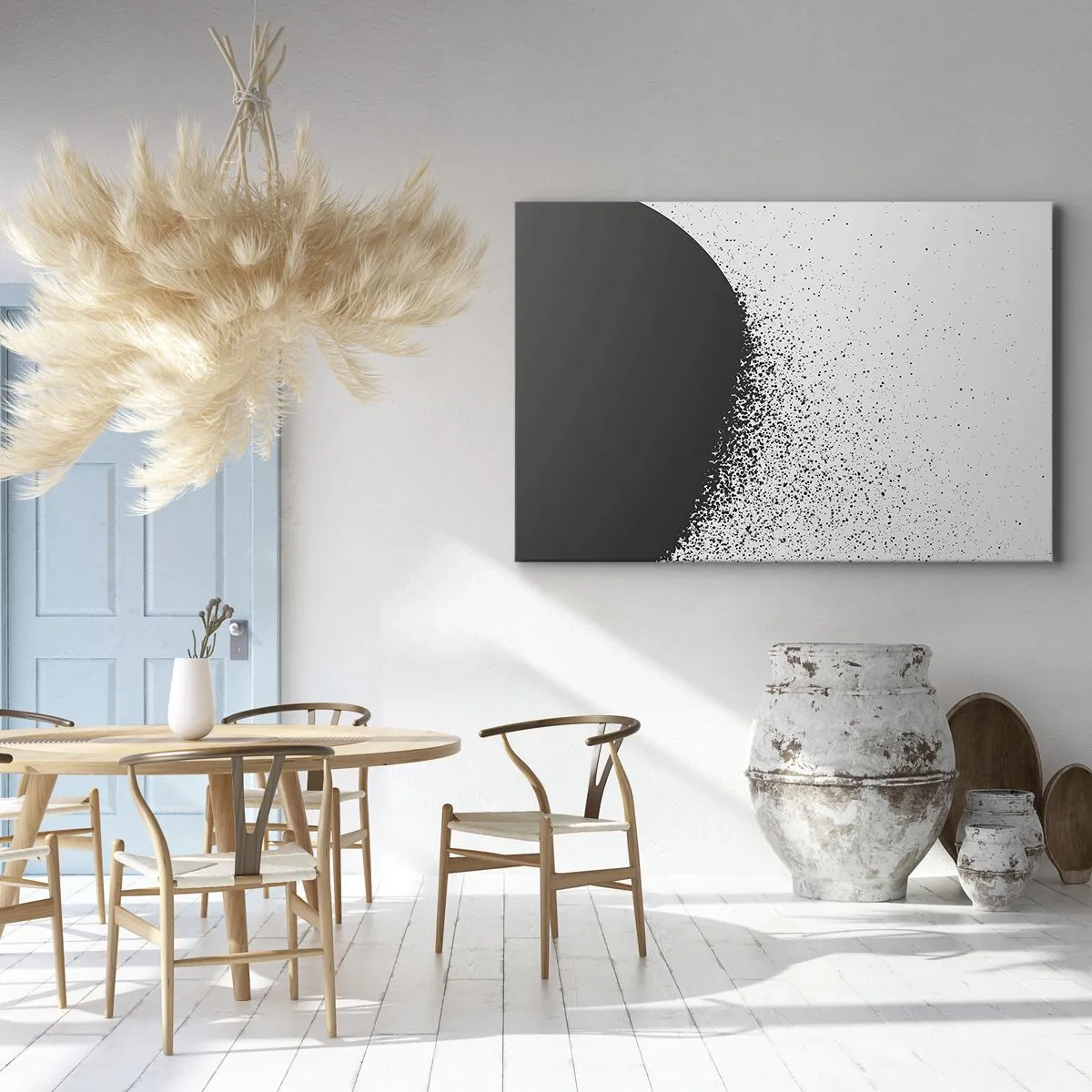 Obraz na płótnie - Abstrakcyjny wzór z czarnymi cząstkami na jasnym tle - 70x50cm - Ruch cząsteczek - Nowoczesna dekoracja ścienna do salonu i sypialni ARTTOR