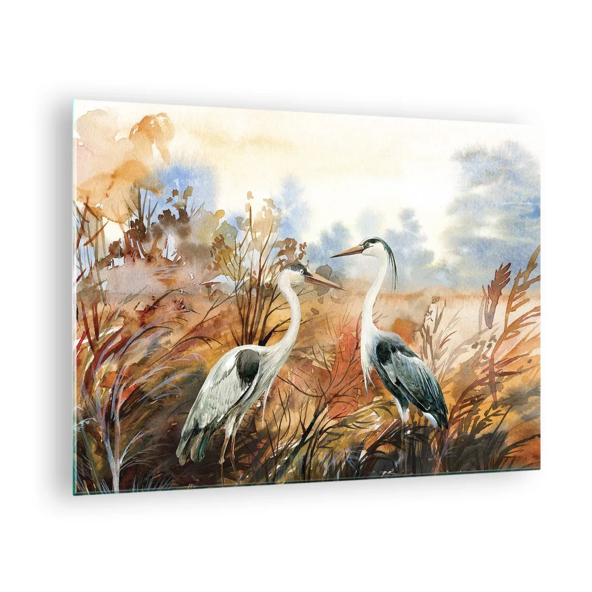 Obraz na szkle - Dwa żurawie w jesiennym pejzażu malowanym akwarelą - 70x50cm - Dokąd jesienią? - Nowoczesna dekoracja ścienna do salonu i sypialni ARTTOR